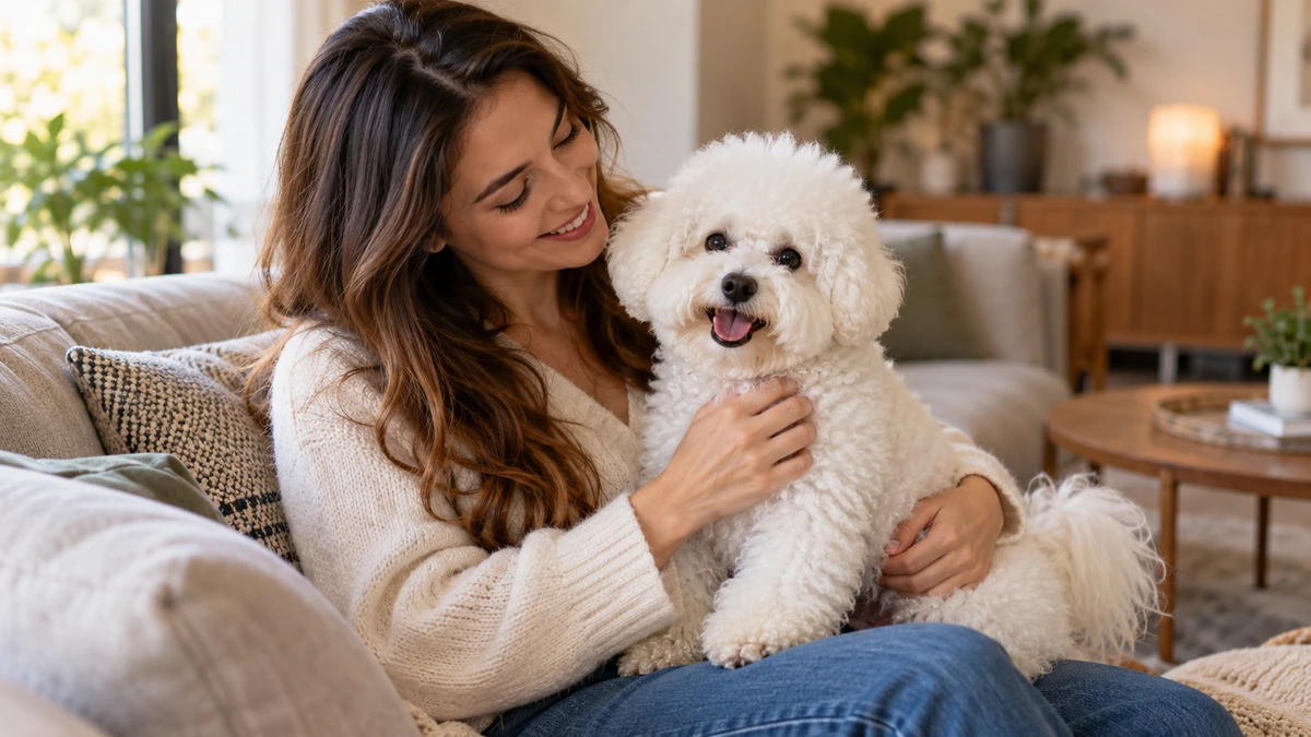 Bişon Çuha Köpeği köpek — sahibinin kucağında