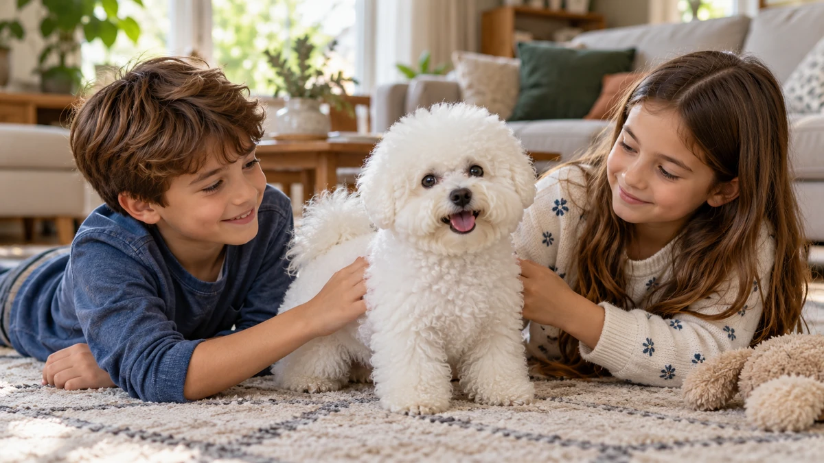 Bişon Çuha Köpeği köpek — çocuklarla oyun